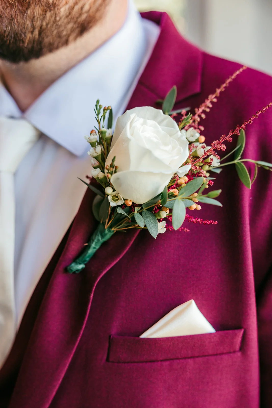 Emily and Rocco wedding groom's boutonniere at The Warrington by Domenic Graziano Flowers