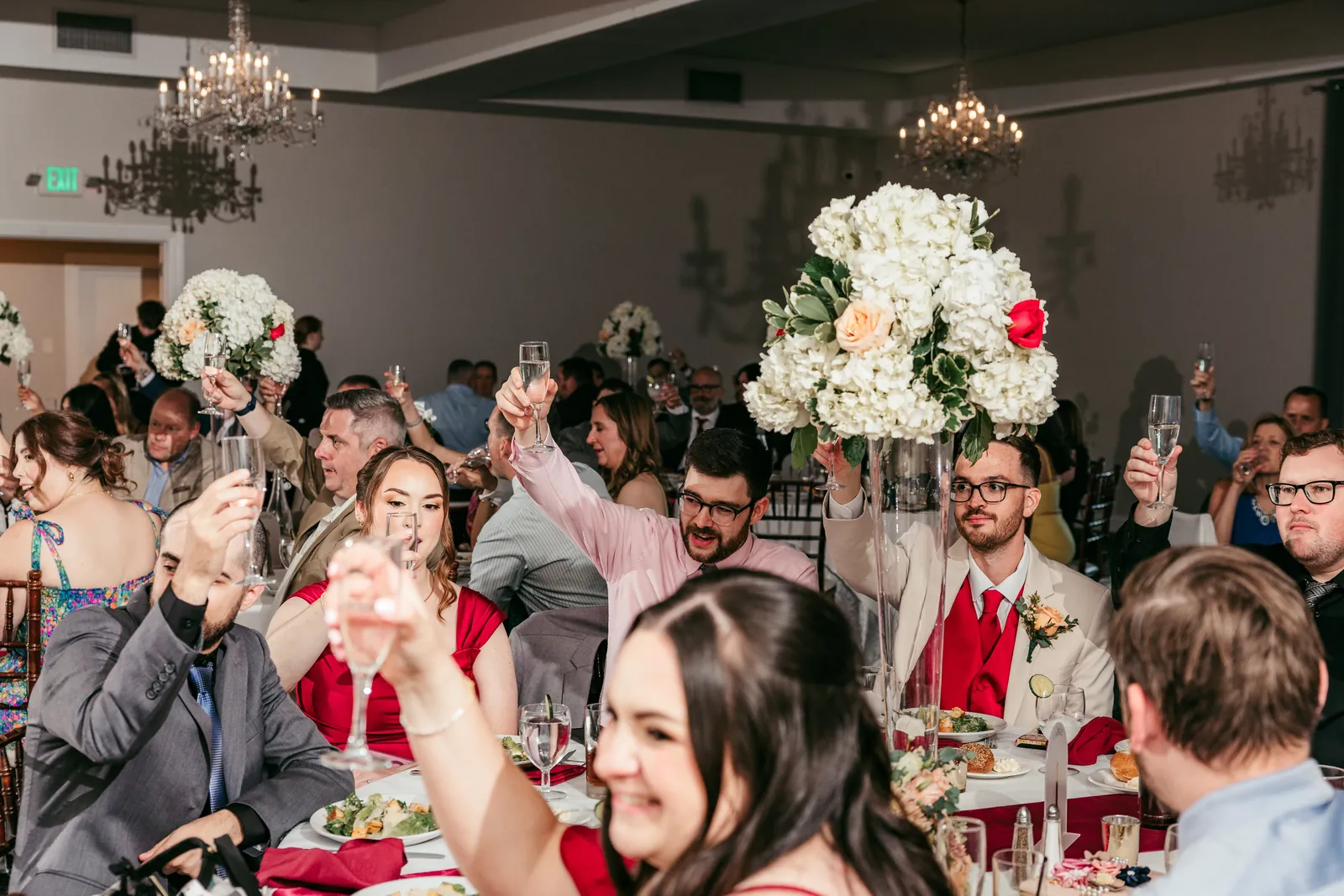 Emily and Rocco wedding elevated reception centerpiece at The Warrington by Domenic Graziano Flowers