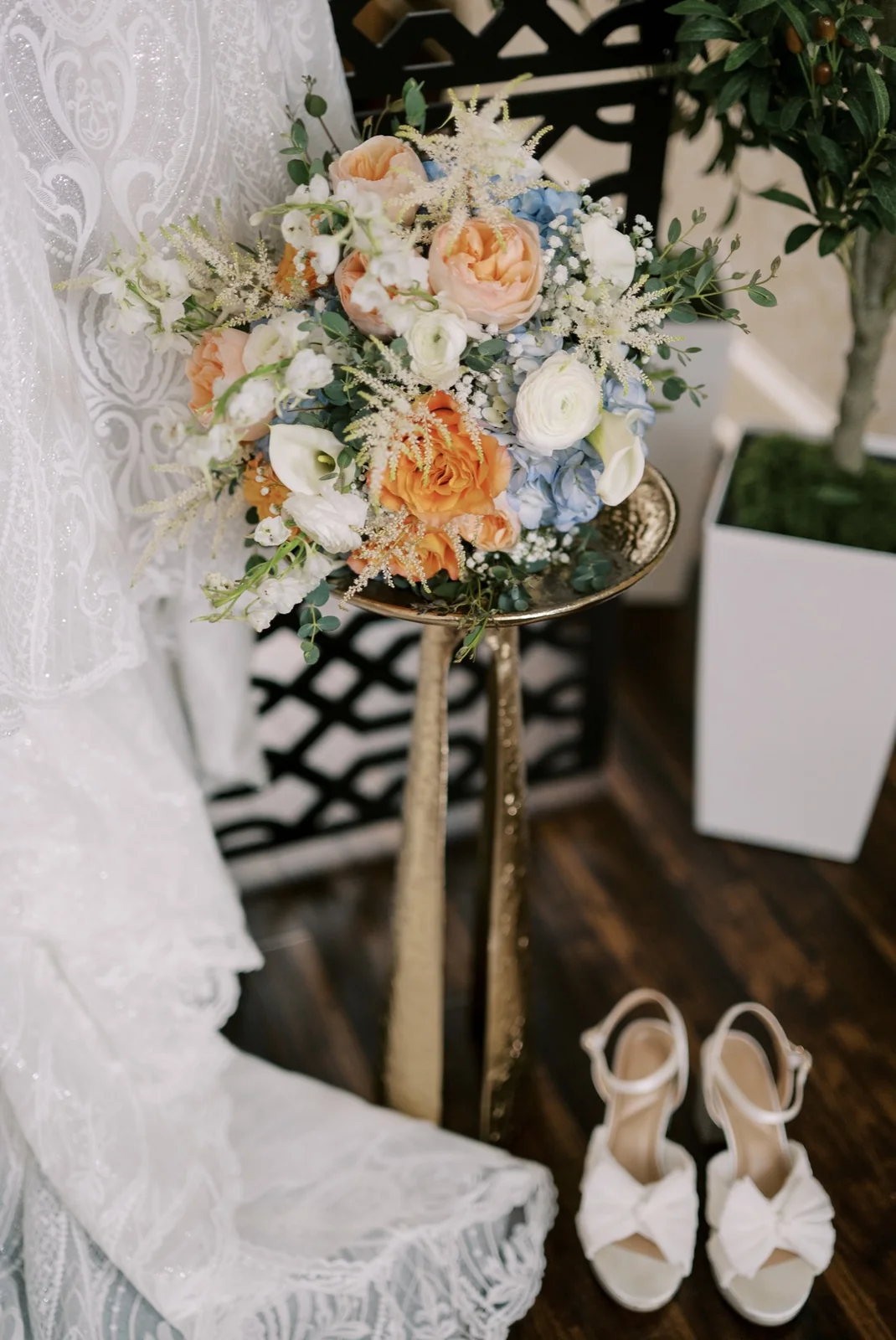 Reichel wedding bridal bouquet with the gown and shoes at Spring Mill Manor by Domenic Graziano Flowers